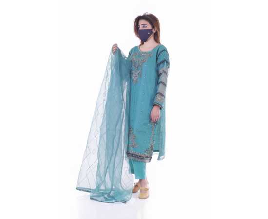 Organza Embroidered Stitched Luxury Formal Three Piece Suit - Sky Blue - BAB16 Organza Embroidered Stitched Luxury Formal Three Piece Suit - Sky Blue - BAB16