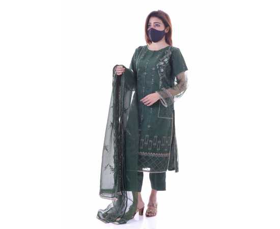 Organza Embroidered Stitched Luxury Formal Three Piece Suit - Dark Green - BAB13 Organza Embroidered Stitched Luxury Formal Three Piece Suit - Dark Green - BAB13