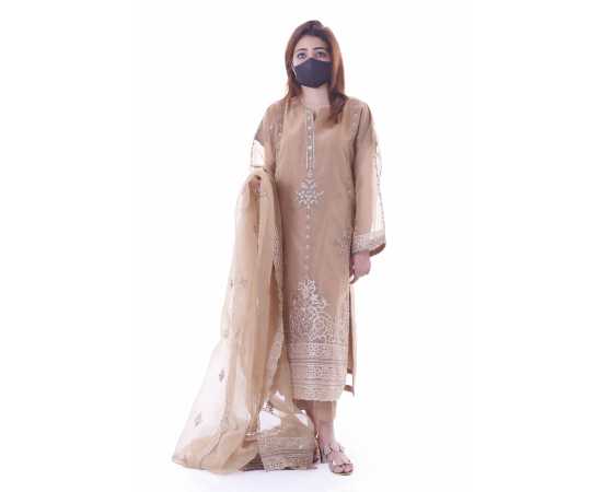 Organza Embroidered Stitched Luxury Formal Three Piece Suit - Light Brown - BAB12 Organza Embroidered Stitched Luxury Formal Three Piece Suit - Light Brown - BAB12