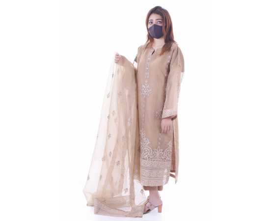 Organza Embroidered Stitched Luxury Formal Three Piece Suit - Light Brown - BAB12 Organza Embroidered Stitched Luxury Formal Three Piece Suit - Light Brown - BAB12