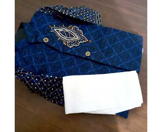 Stylish Embroidered Jamawar Sherwani With Chooridar Pajama For Kids - Blue