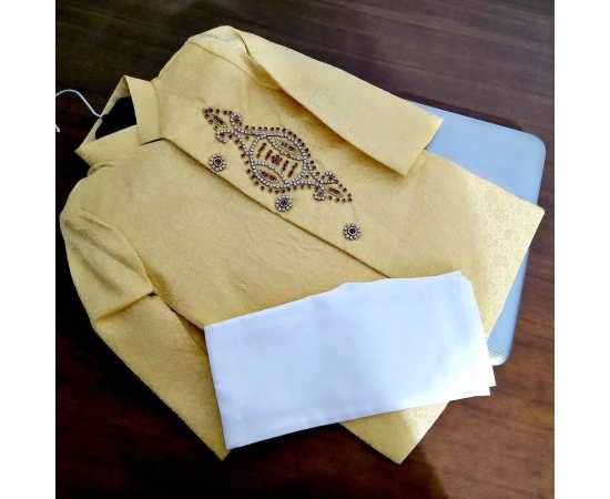 Stylish Embroidered Jamawar Sherwani With Chooridar Pajama For Kids - Yellow