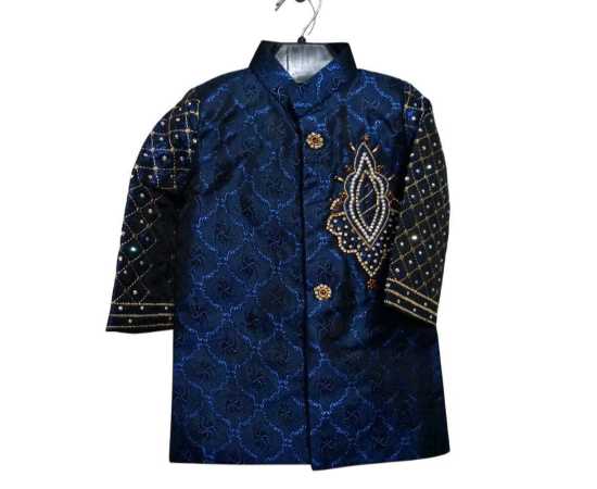 Stylish Embroidered Jamawar Sherwani With Chooridar Pajama For Kids - Blue