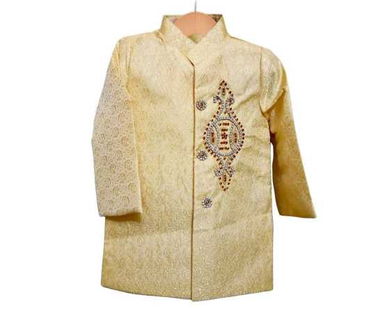 Stylish Embroidered Jamawar Sherwani With Chooridar Pajama For Kids - Yellow