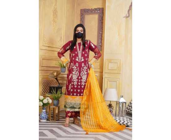 Organza Embroidered Stitched Luxury Formal 3 PCS Suit For Women - Red