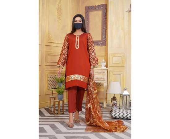 Organza Embroidered Stitched Luxury Formal 3 PCS Suit For Women - Orange