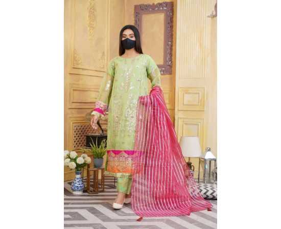 Organza Embroidered Stitched Luxury Formal 3 PCS Suit For Women - Sea Green