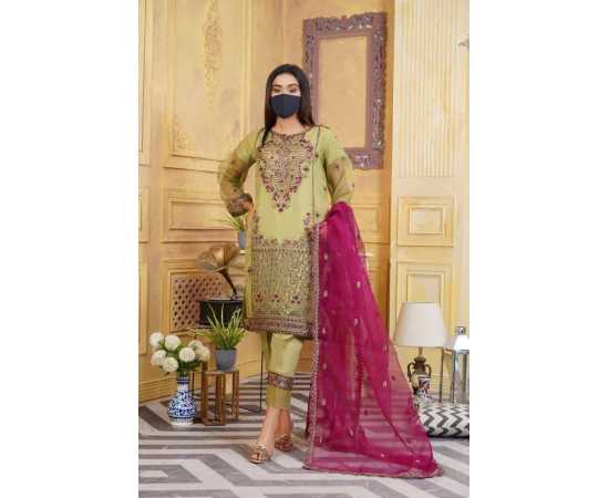 Organza Embroidered Stitched Stylish Luxury Formal 3 PCS Suit For Women - Green