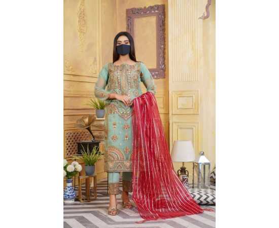 Organza Embroidered Stitched Luxury Formal 3 PCS Suit For Women - Green