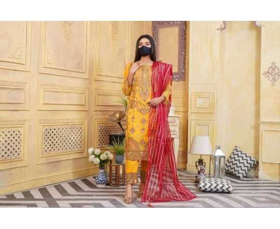 Organza Embroidered Stitched Luxury Formal 3 PCS Suit For Women - Yellow