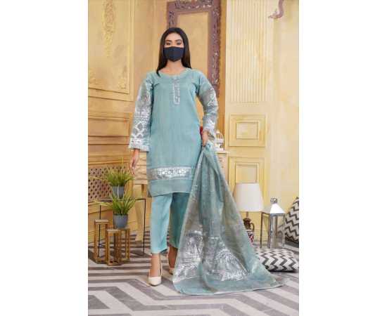Organza Embroidered Stitched Luxury Formal 3 PCS Suit For Women - Blue