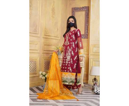 Organza Embroidered Stitched Luxury Formal 3 PCS Suit For Women - Red