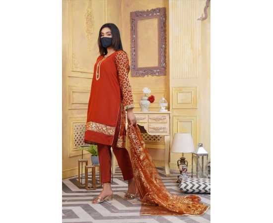 Organza Embroidered Stitched Luxury Formal 3 PCS Suit For Women - Orange