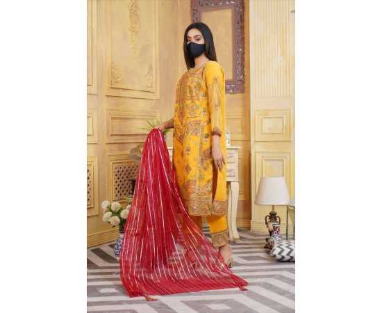 Organza Embroidered Stitched Luxury Formal 3 PCS Suit For Women - Yellow