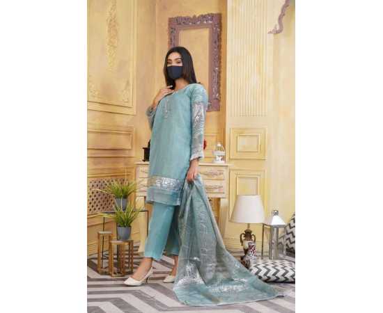 Organza Embroidered Stitched Luxury Formal 3 PCS Suit For Women - Blue