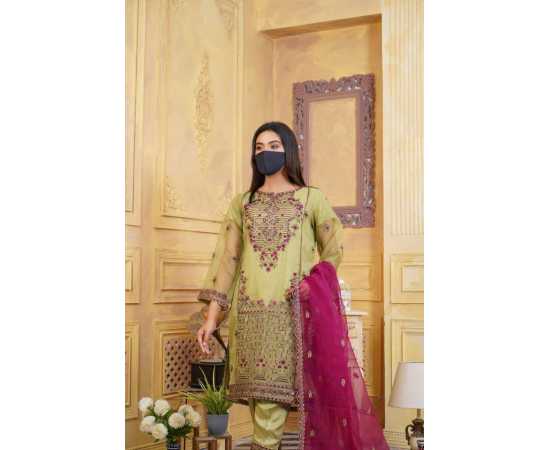 Organza Embroidered Stitched Stylish Luxury Formal 3 PCS Suit For Women - Green