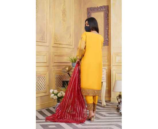 Organza Embroidered Stitched Luxury Formal 3 PCS Suit For Women - Yellow