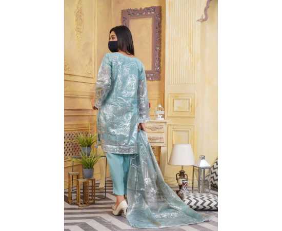 Organza Embroidered Stitched Luxury Formal 3 PCS Suit For Women - Blue