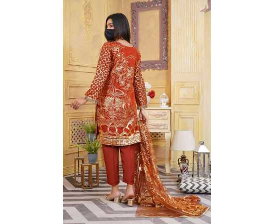 Organza Embroidered Stitched Luxury Formal 3 PCS Suit For Women - Orange
