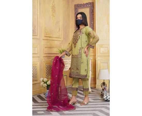Organza Embroidered Stitched Stylish Luxury Formal 3 PCS Suit For Women - Green