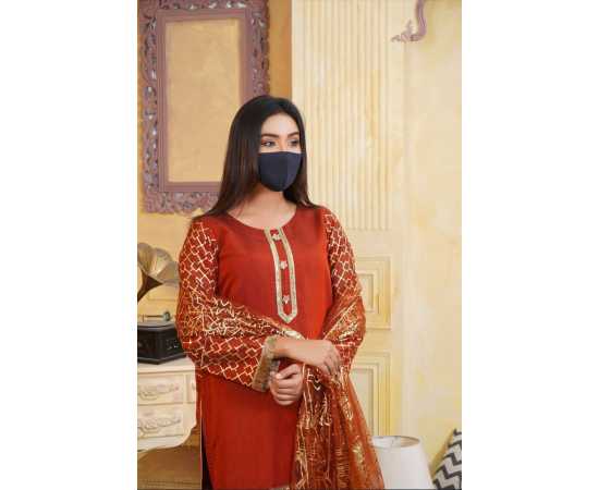 Organza Embroidered Stitched Luxury Formal 3 PCS Suit For Women - Orange