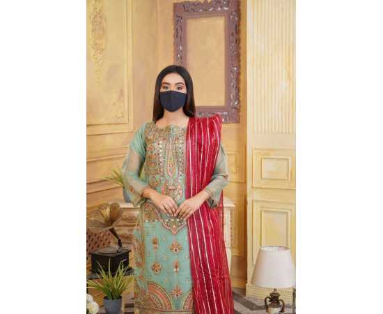 Organza Embroidered Stitched Luxury Formal 3 PCS Suit For Women - Green