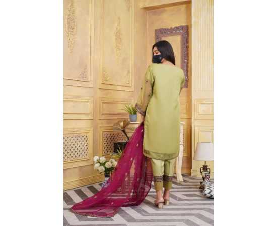 Organza Embroidered Stitched Stylish Luxury Formal 3 PCS Suit For Women - Green