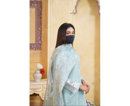 Organza Embroidered Stitched Luxury Formal 3 PCS Suit For Women - Blue