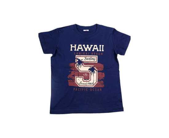 Hawaii Cotton Fabric Round Neck T-Shirt - Dark Blue