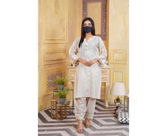 Jacquard Stitched Luxury Formal 2 PCS Suit For Women - Off White