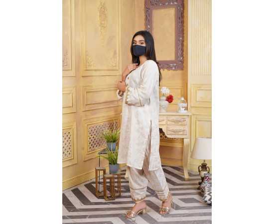 Jacquard Stitched Luxury Formal 2 PCS Suit For Women - Off White