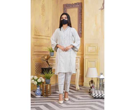 Jacquard Stitched Luxury Formal 2 PCS Suit For Women - White