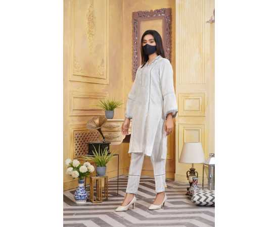 Jacquard Stitched Luxury Formal 2 PCS Suit For Women - White