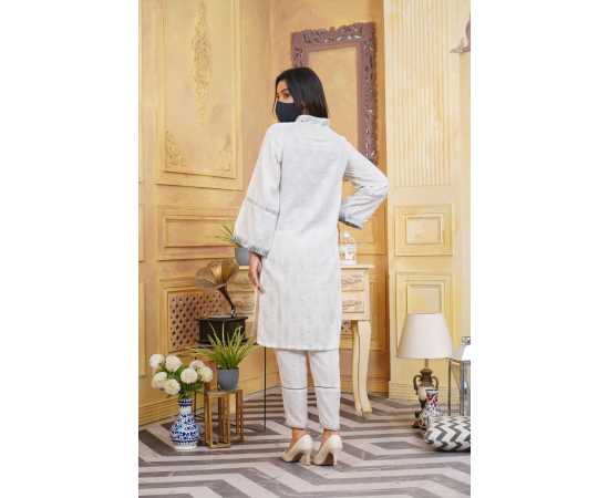 Jacquard Stitched Luxury Formal 2 PCS Suit For Women - White