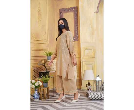 Jacquard Stitched Luxury Formal 2 PCS Suit For Women - Skin Color