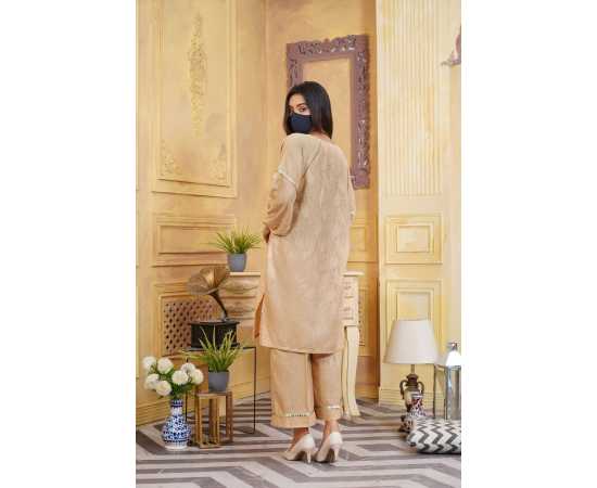 Jacquard Stitched Luxury Formal 2 PCS Suit For Women - Skin Color