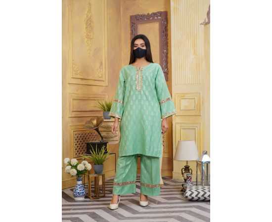 Jacquard Stitched Luxury Formal 2 PCS Suit For Women - Green