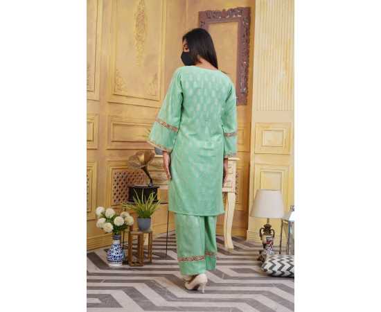 Jacquard Stitched Luxury Formal 2 PCS Suit For Women - Green
