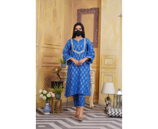 Jacquard Stitched Luxury Formal 2 PCS Suit For Women - Blue