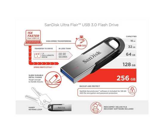 SanDisk 256GB Ultra Flair USB 3.0 Flash Drive - Silver