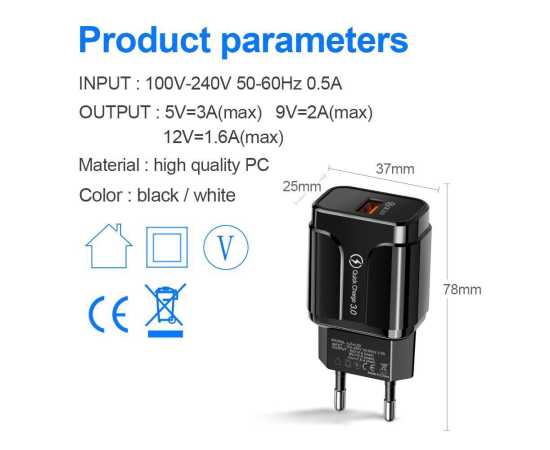 3A Quick Charge 3.0 USB Black Charger For iPhone