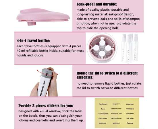 4 Lotion Bottles In 1 Refillable Travel Dispenser Bottle