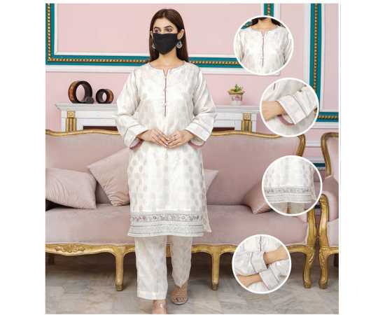 Embroidered Round Neckline with V-cut Jacquard Long Sleeves 2-Piece Dress Embroidered Round Neckline with V-cut Jacquard Long Sleeves 2-Piece Dress