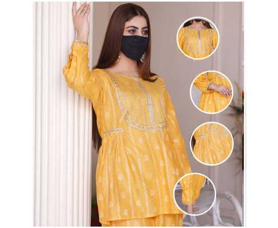 Plated Tulip Design Boat Neckline Jacquard Full Sleeves 2-Piece Dress Plated Tulip Design Boat Neckline Jacquard Full Sleeves 2-Piece Dress