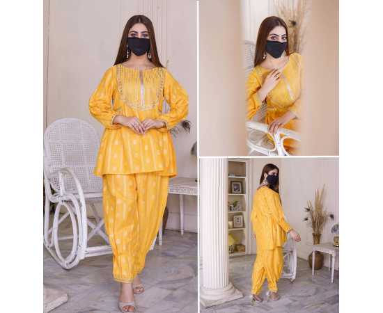 Plated Tulip Design Boat Neckline Jacquard Full Sleeves 2-Piece Dress Plated Tulip Design Boat Neckline Jacquard Full Sleeves 2-Piece Dress