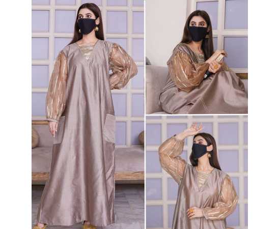 V-Neckline Viscose Fabric Organza Sleeves Stylish Jalabiya Dress V-Neckline Viscose Fabric Organza Sleeves Stylish Jalabiya Dress