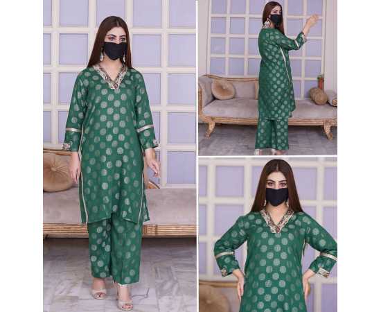 Embroidered V-Neckline Jacquard Full Sleeves 2-Piece Dress Embroidered V-Neckline Jacquard Full Sleeves 2-Piece Dress