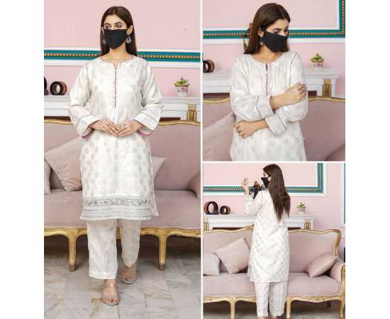 Embroidered Round Neckline with V-cut Jacquard Long Sleeves 2-Piece Dress Embroidered Round Neckline with V-cut Jacquard Long Sleeves 2-Piece Dress