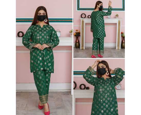 Embroidered Boat Neckline with V-Cut Jacquard Full Sleeves 2-Piece Dress Embroidered Boat Neckline with V-Cut Jacquard Full Sleeves 2-Piece Dress
