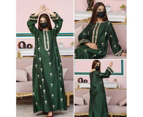 Embroidered Boat Neckline Khadi Viscose Fabric Sleeves with Lace Stylish Jalabiya Dress Embroidered Boat Neckline Khadi Viscose Fabric Sleeves with Lace Stylish Jalabiya Dress